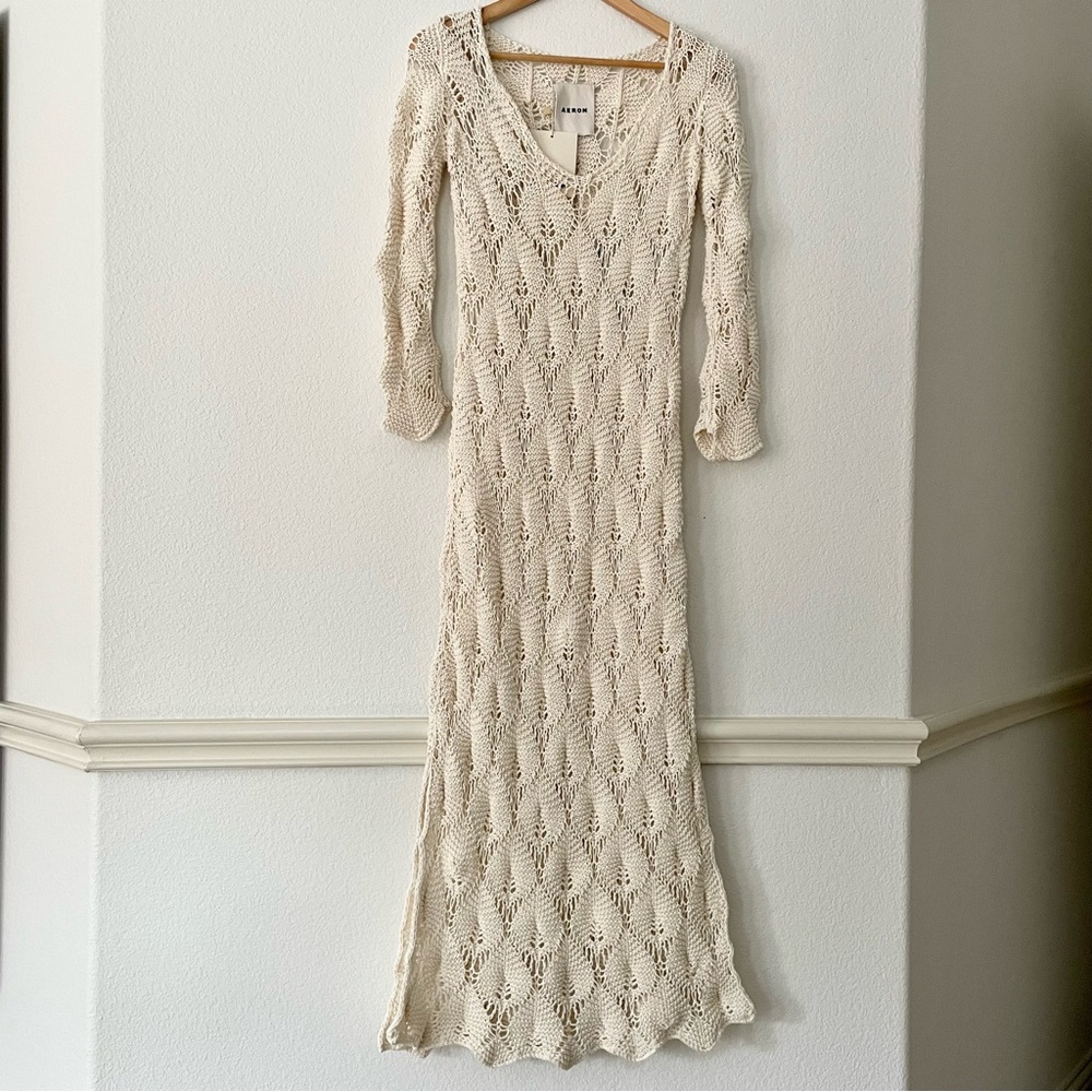Aeron Shela Dress Crochet Maxi Open Weave Knit Kaftan Caftan Swim Cover Designer - Picture 5 of 13